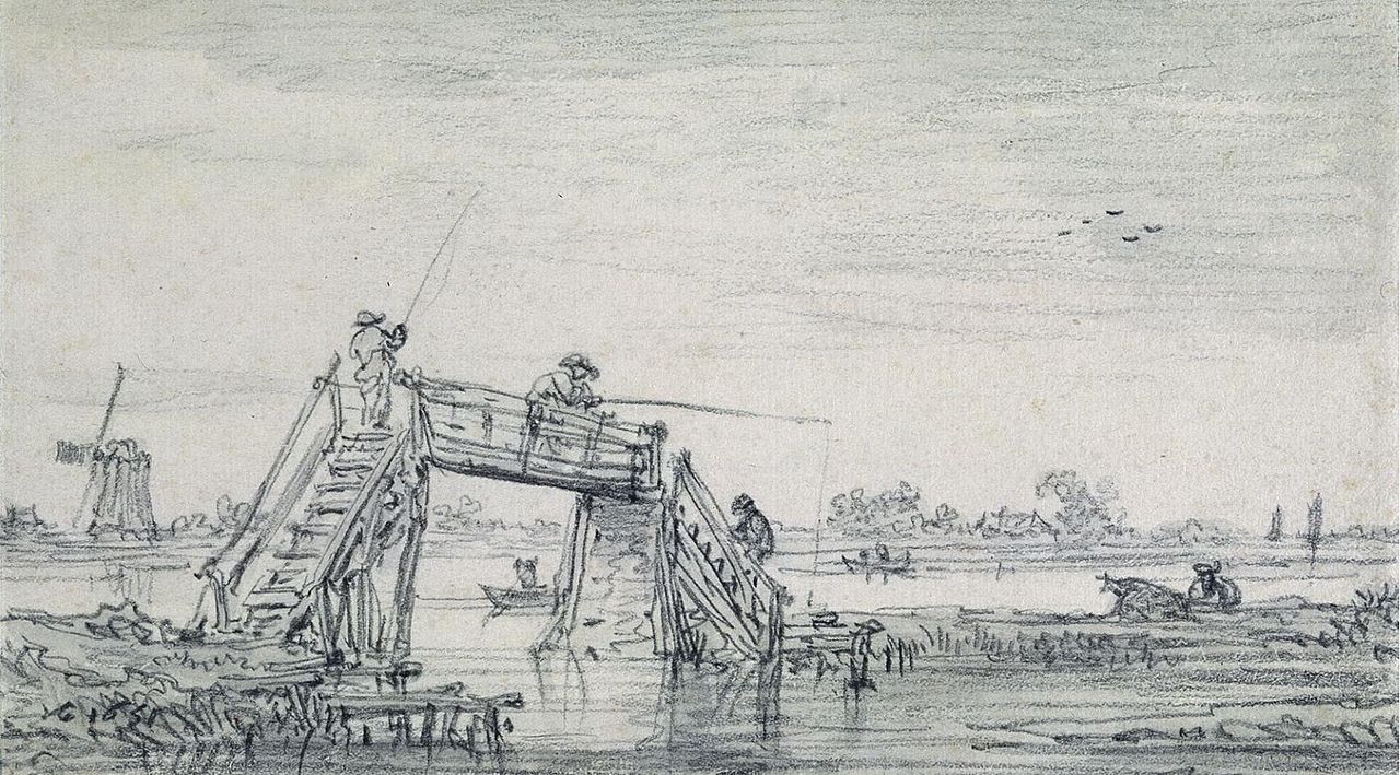 Jan van Gooyen Voetbrug Kwakel met hengelaars op een tekening uit 1651 Groninger Museum